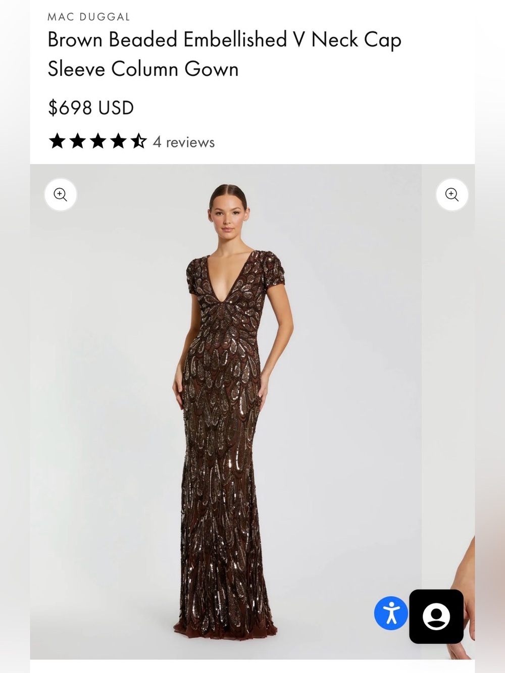 Mac Duggal Brown Beaded V-Neck Cap Sleeve Maxi Gown